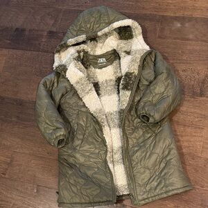 Zara Kids Olive Puffer Jacket with Fleece Lining